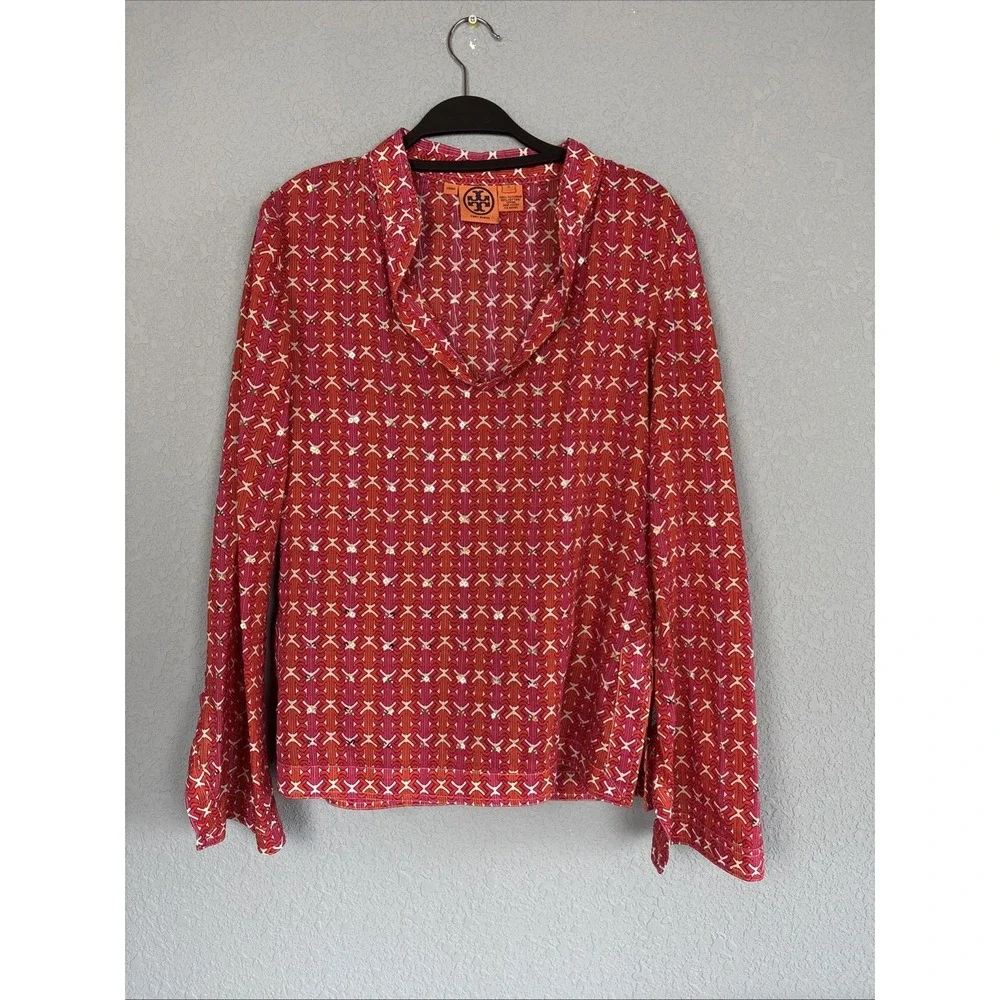 Tory Burch Shirt Women 6 Sequin Stephanie Tunic Pink Orange  Lightweight Popover
